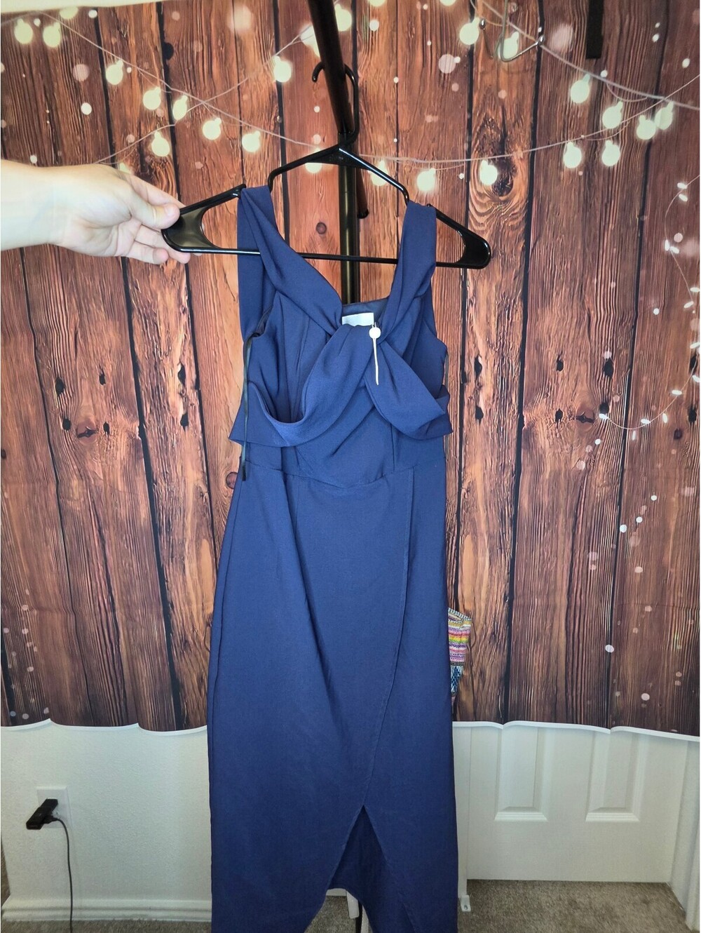 Esther Luxe Navy Blue Midi Dress with Front Slit and Bow Detail